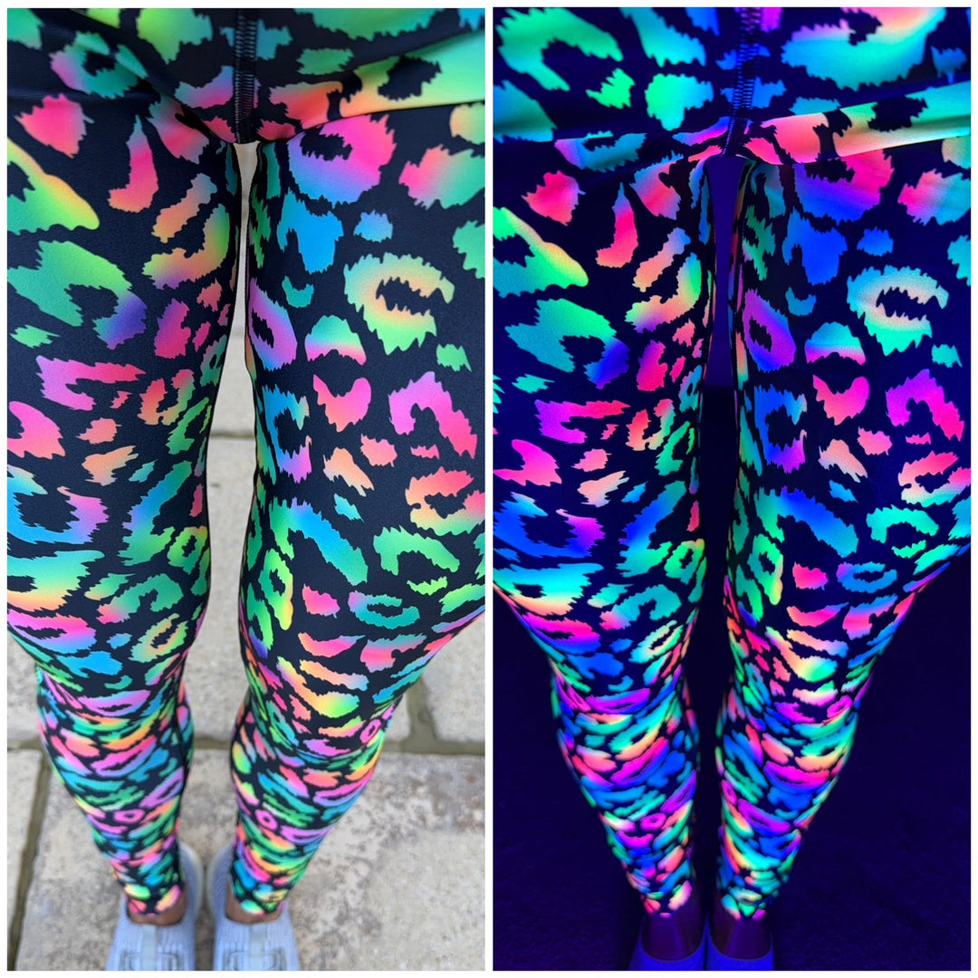 Roaring Rainbows Neon Leopard Gym Leggings UK UV Glow