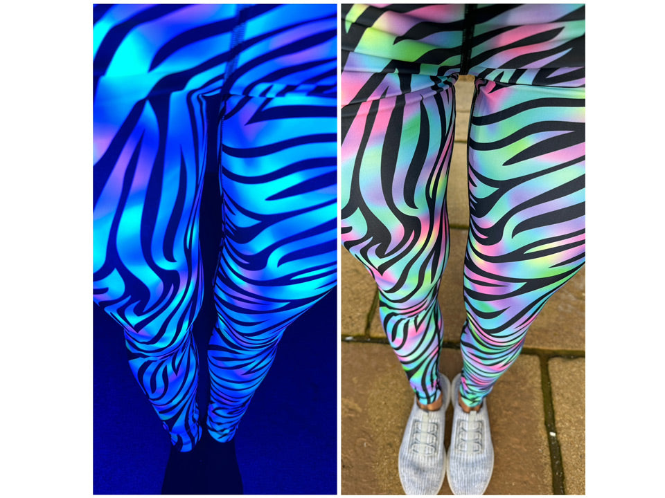 Neon Rave UV Glow Sports Leggings | Zebra Print Activewear UK