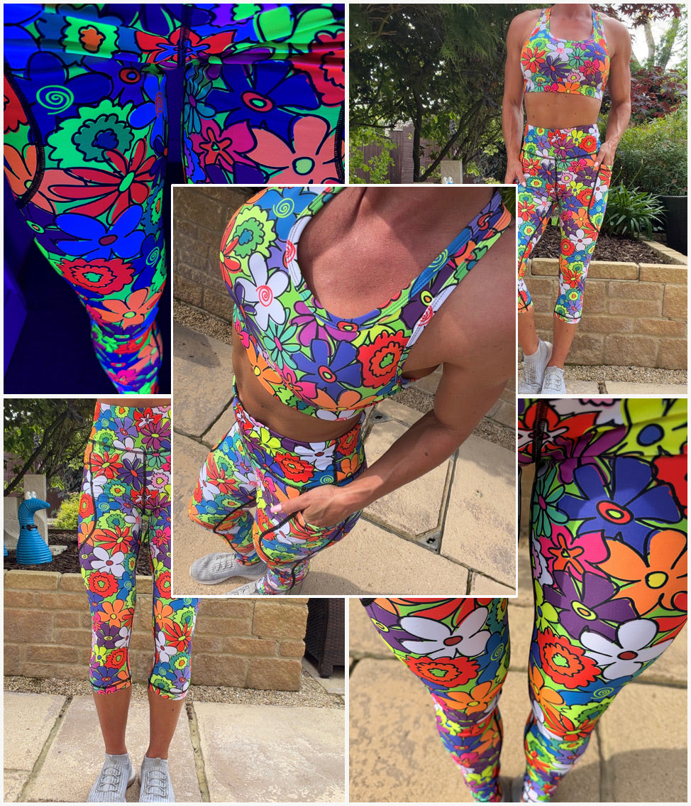 Bloomzilla high waisted squat proof leggings with bold floral pattern and thigh pockets
