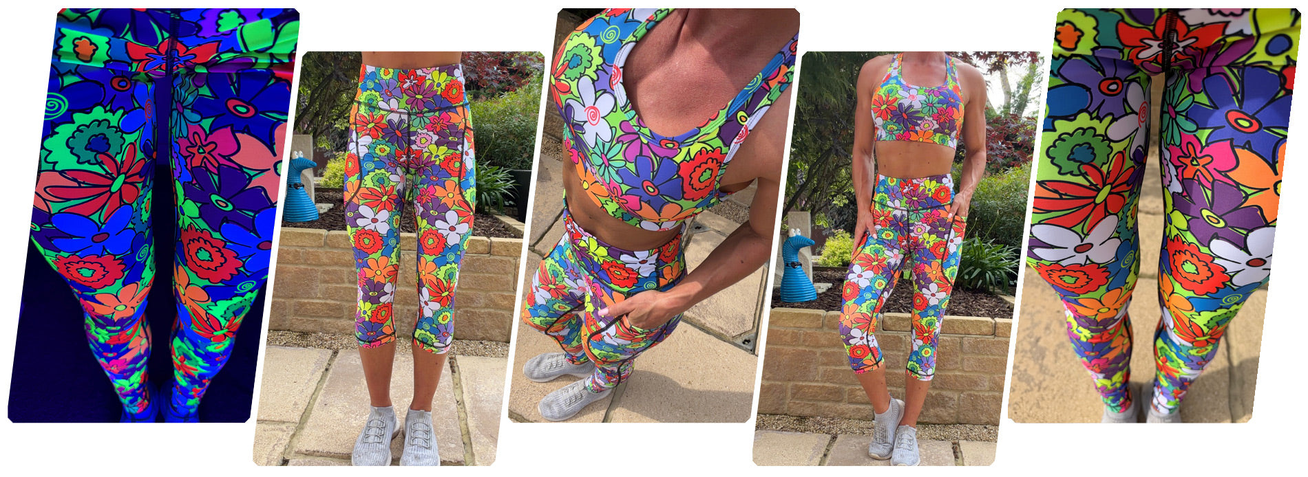 Model wearing Bloomzilla squat proof high waisted leggings with bold floral pattern and deep thigh pockets