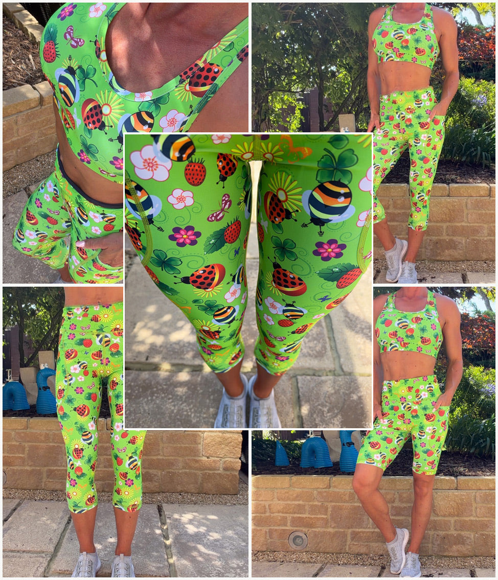Bugs N Berries high waisted squat proof leggings with ladybirds, berries and floral pattern and thigh pockets
