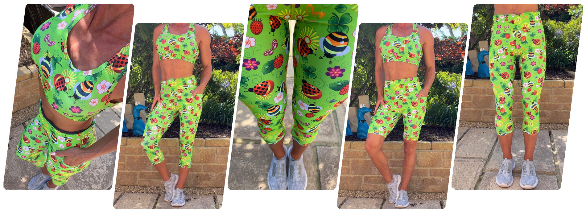 Model wearing Bugs N Berries squat proof high waisted leggings with ladybirds, berries and floral pattern and deep thigh pockets