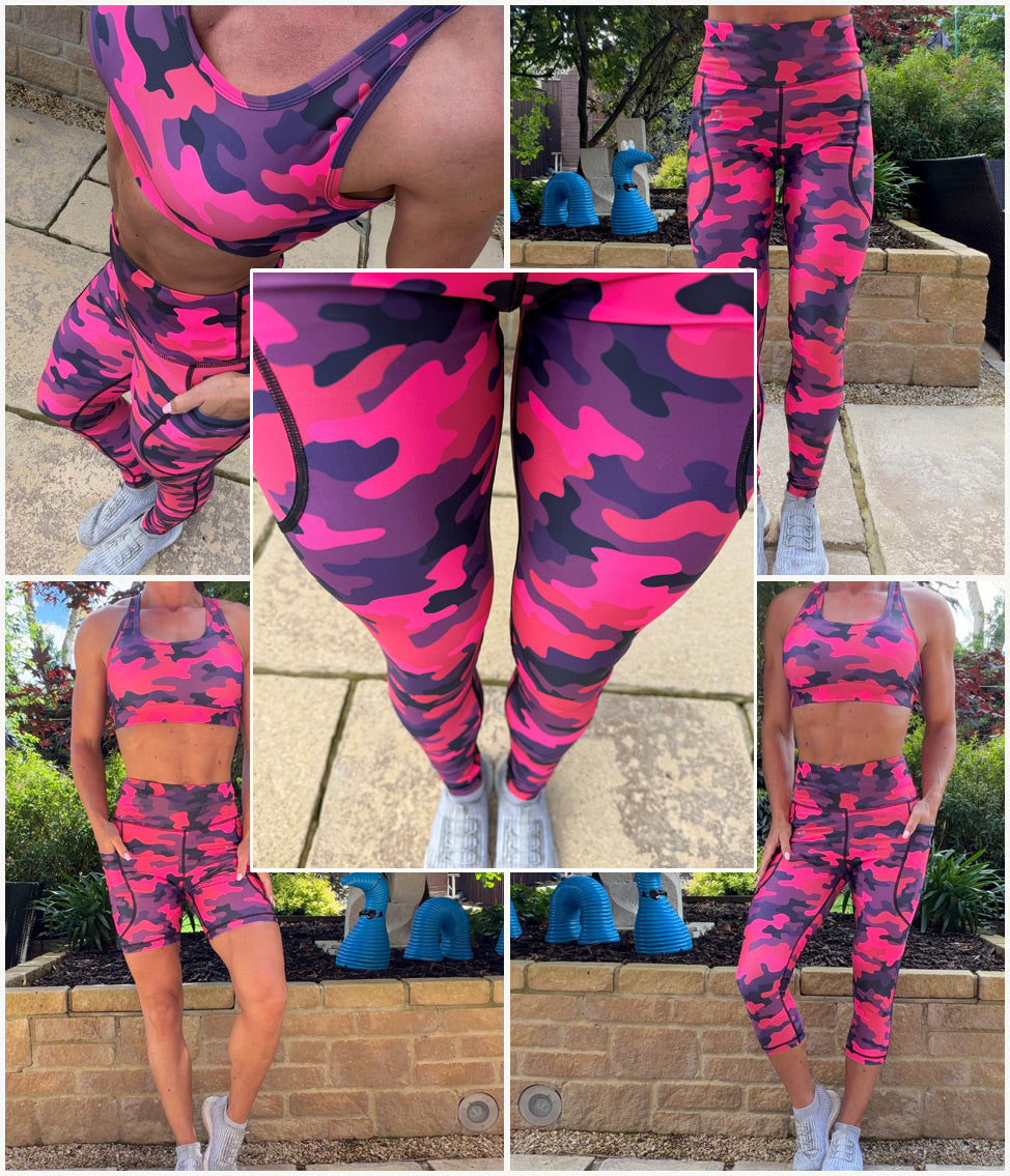 Camo Crush high waisted squat proof leggings with camouflage pattern and thigh pockets