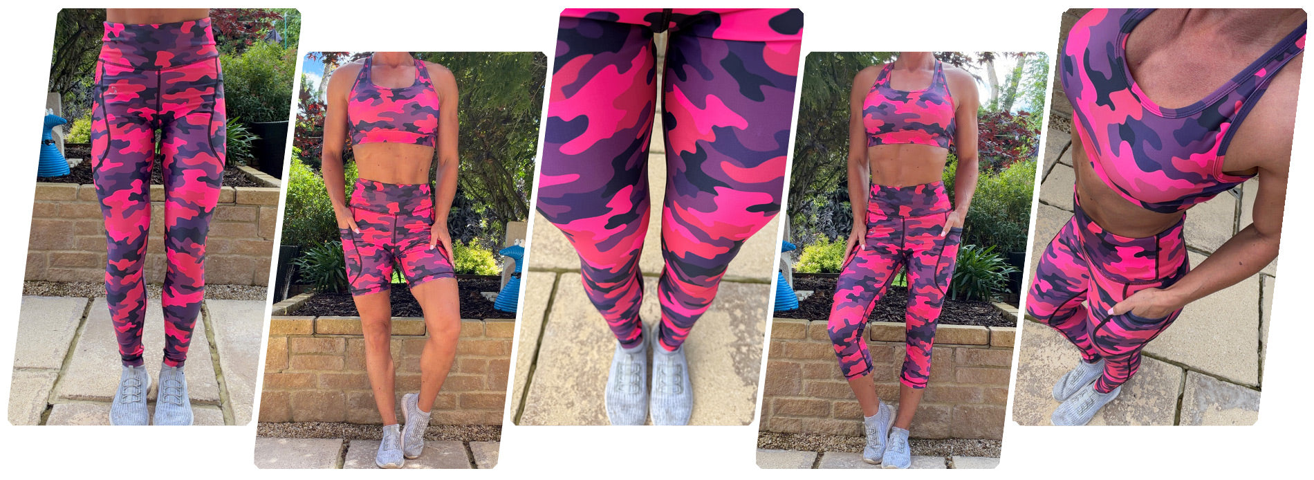 Model wearing Camo Crush squat proof high waisted leggings with camouflage pattern and deep thigh pockets