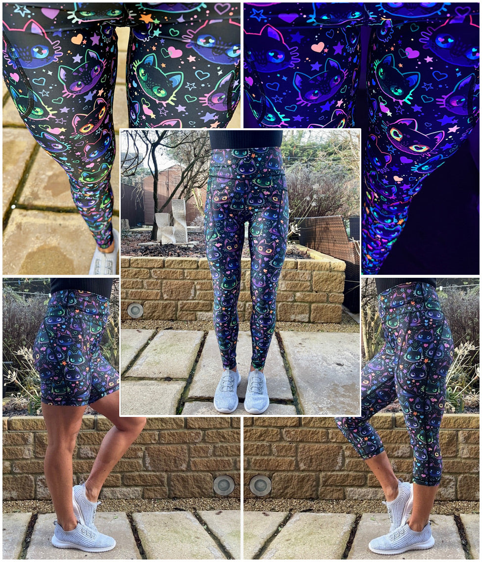 Model wearing Cosmic Kitty leggings with cartoon cat faces and deep thigh pockets