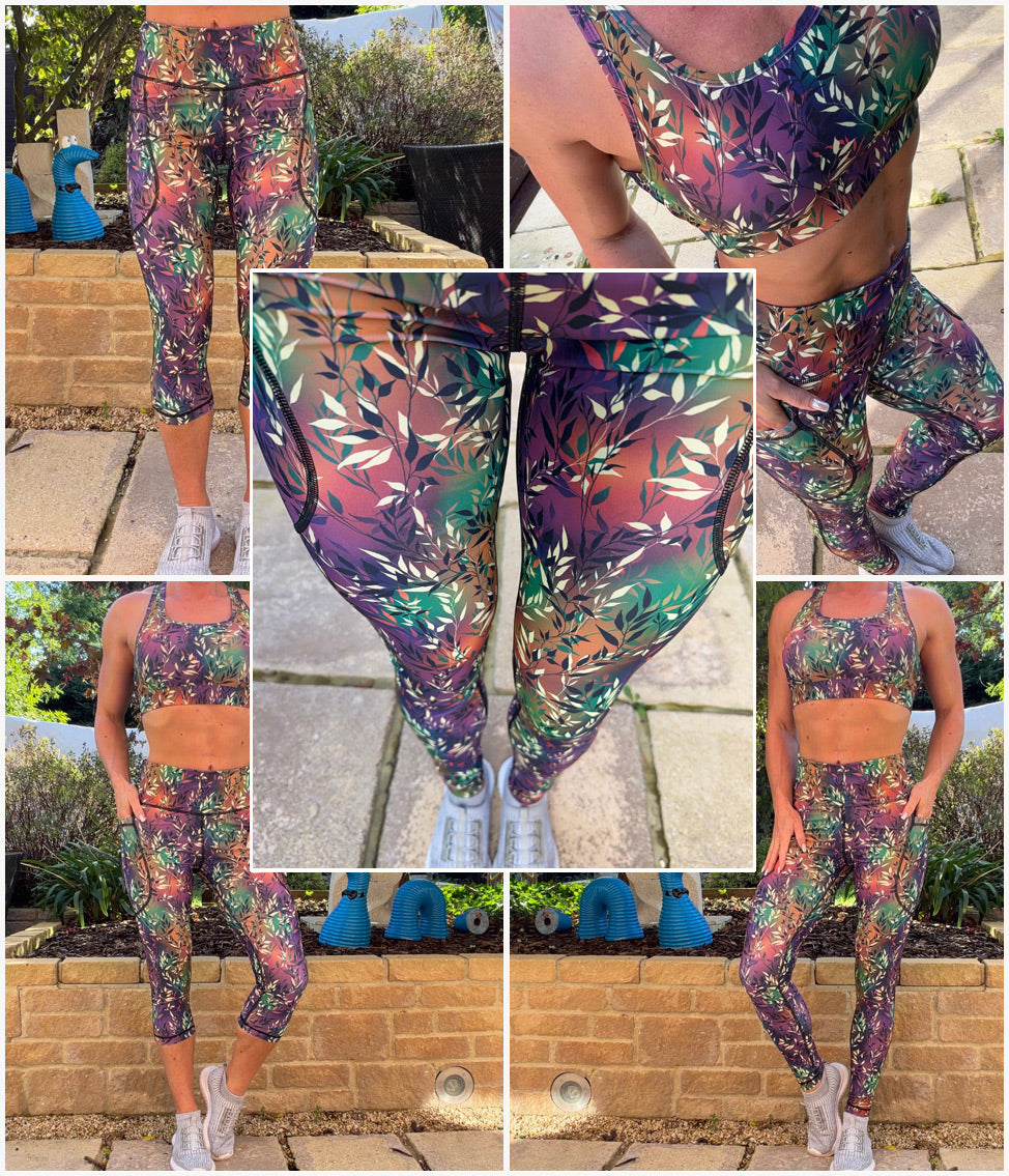 Model wearing Emberfall squat proof high waisted leggings with deep thigh pockets