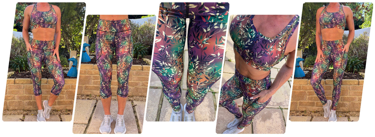 Model wearing Emberfall squat proof high waisted leggings with deep thigh pockets