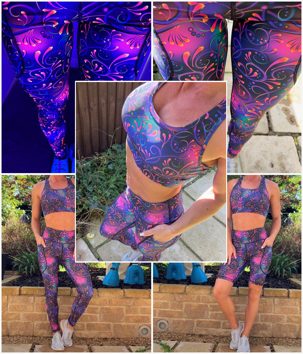 Model wearing Fluoria squat proof high waisted leggings with deep thigh pockets