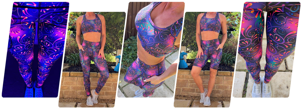 Model wearing Fluoria squat proof high waisted leggings with deep thigh pockets
