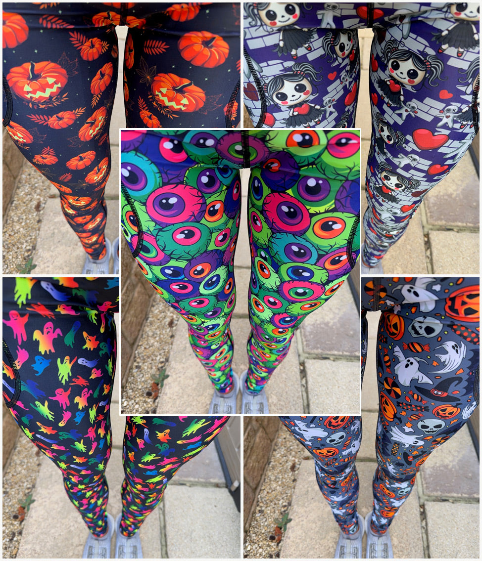 Models wearing six new Sturdy By Design Halloween squat proof high waisted leggings designs with deep thigh pockets