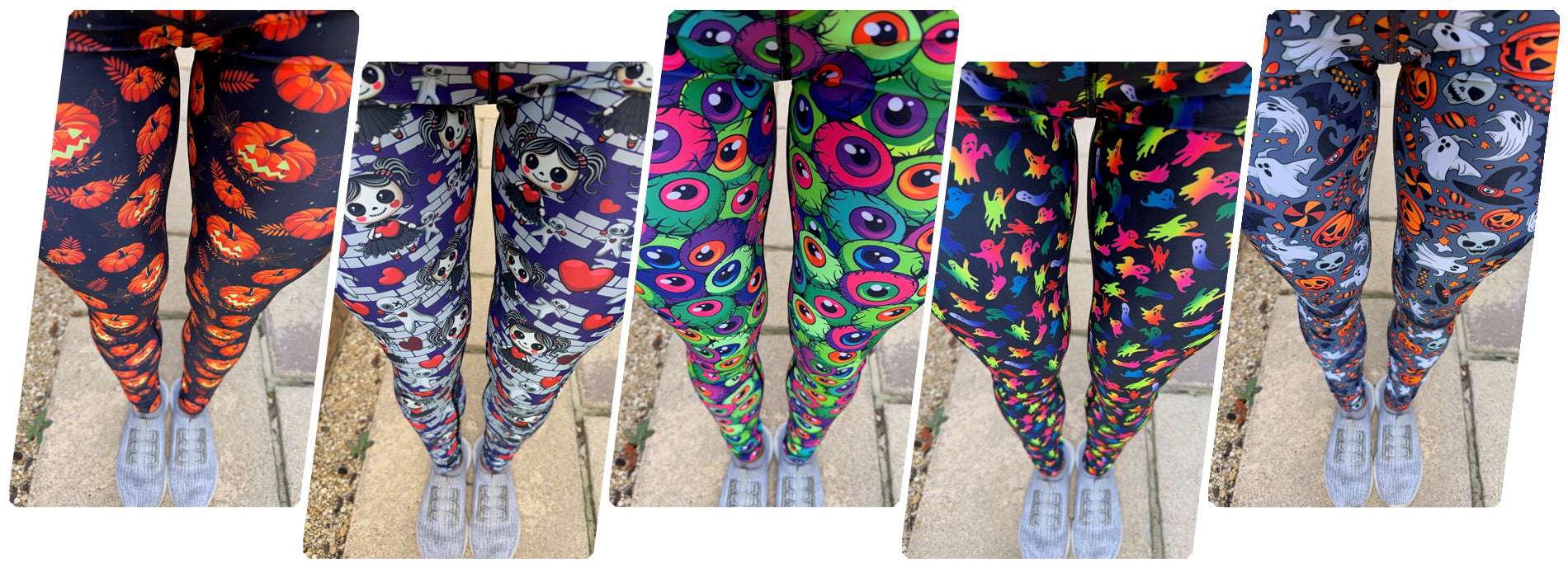 Models wearing six new Sturdy By Design Halloween squat proof high waisted leggings designs with deep thigh pockets
