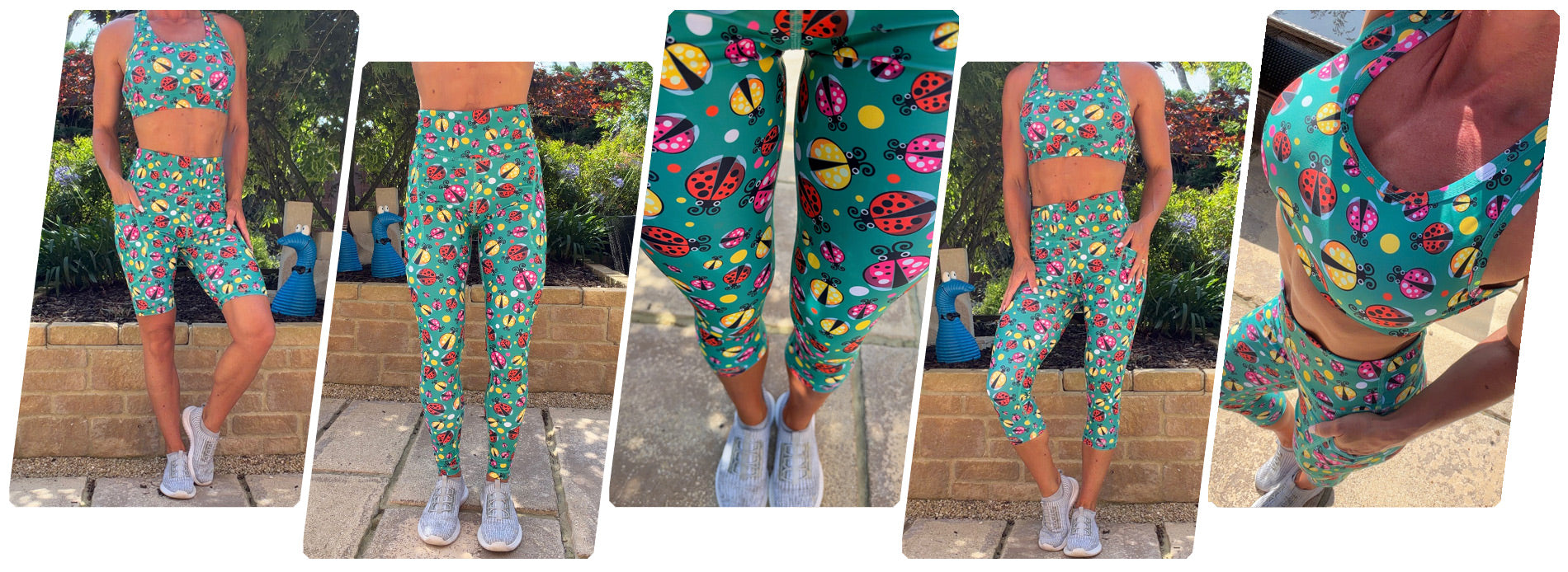 Model wearing Ladybug squat proof high waisted leggings with ladybird pattern and deep thigh pockets