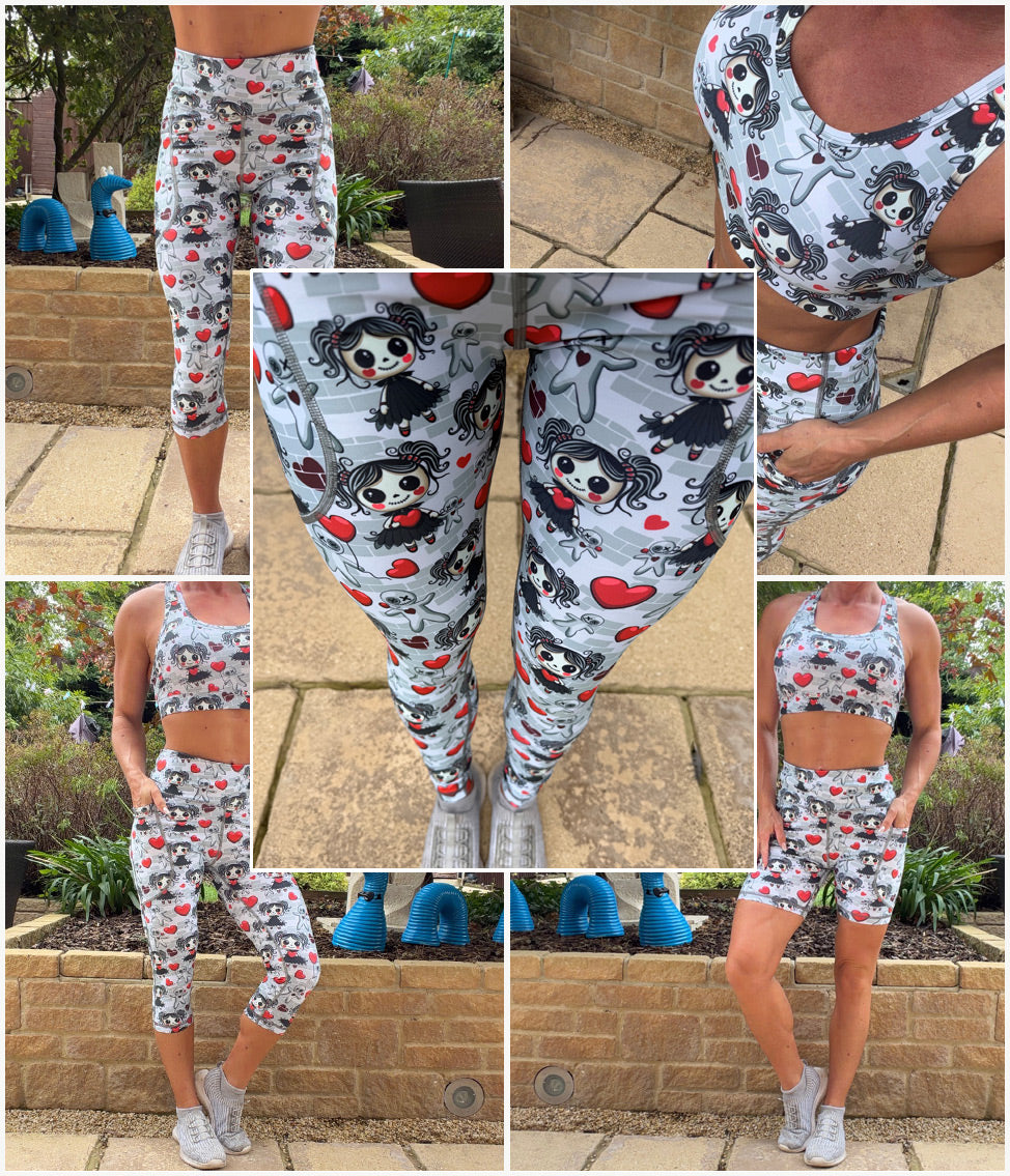 Model wearing Little Miss Voodoo squat proof high waisted leggings with deep thigh pockets
