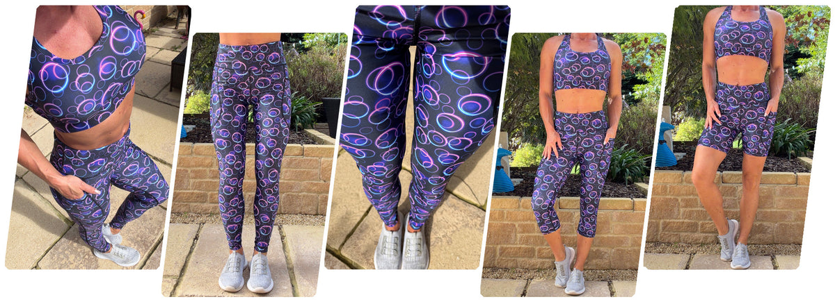 Model wearing Loopz squat proof high waisted leggings with neon pink and blue glowing circle pattern and deep thigh pockets
