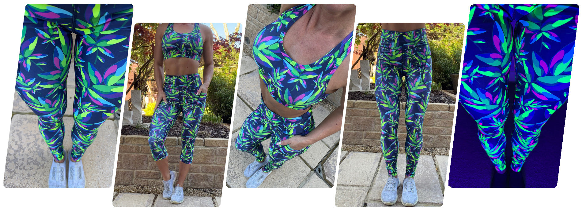 Model wearing Lumileaf squat proof high waisted leggings with leaf pattern and deep thigh pockets