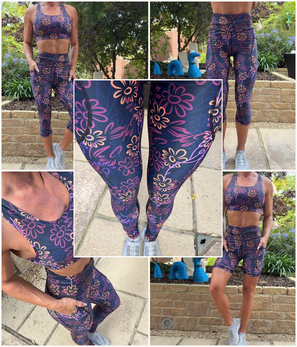 Midnight Meadow high waisted squat proof leggings with floral pattern and thigh pockets