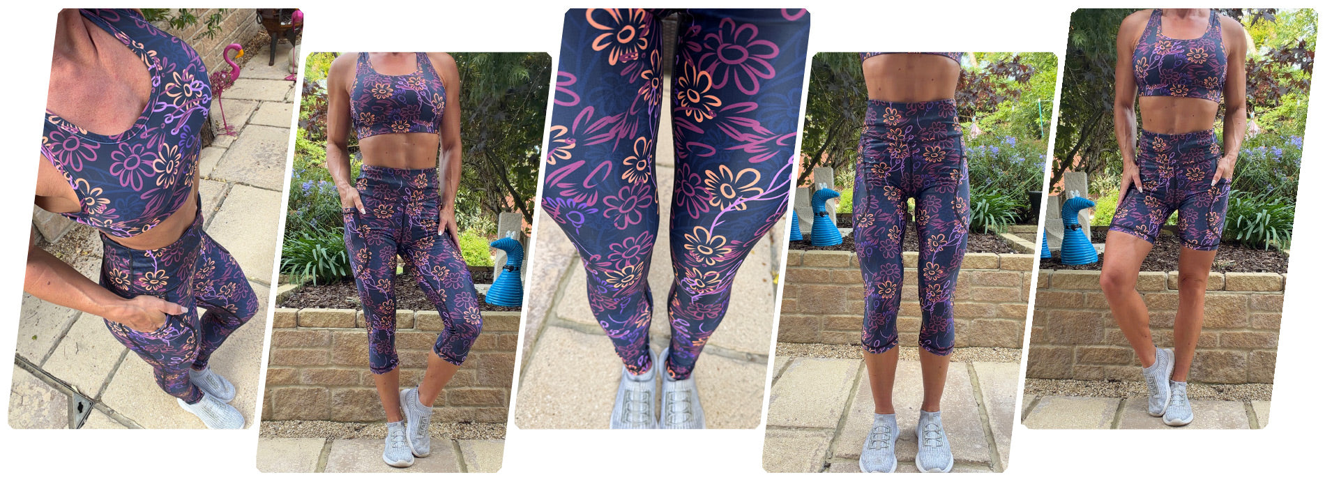 Model wearing Midnight Meadow squat proof high waisted leggings with floral pattern and deep thigh pockets