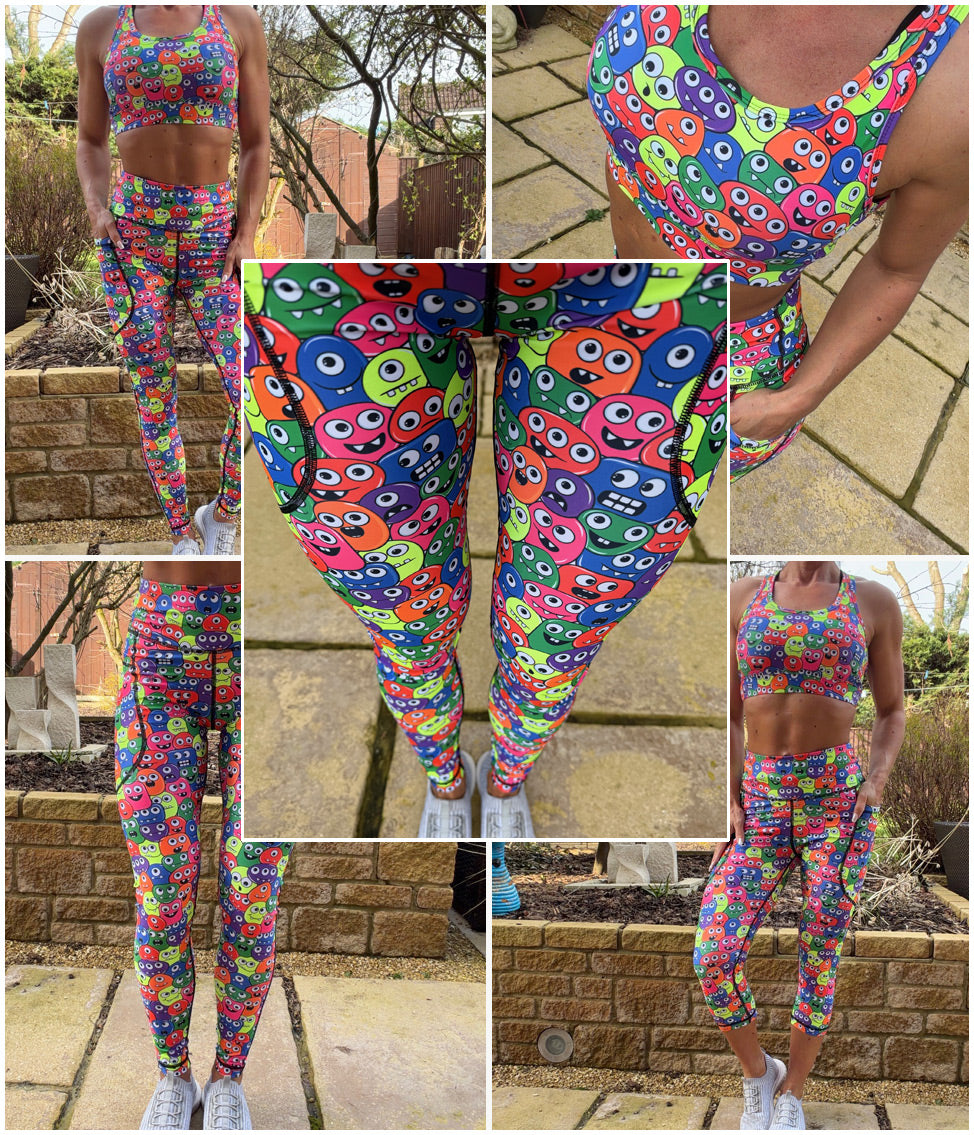 Neon Nomsters high waisted squat proof leggings with bold character pattern and thigh pockets