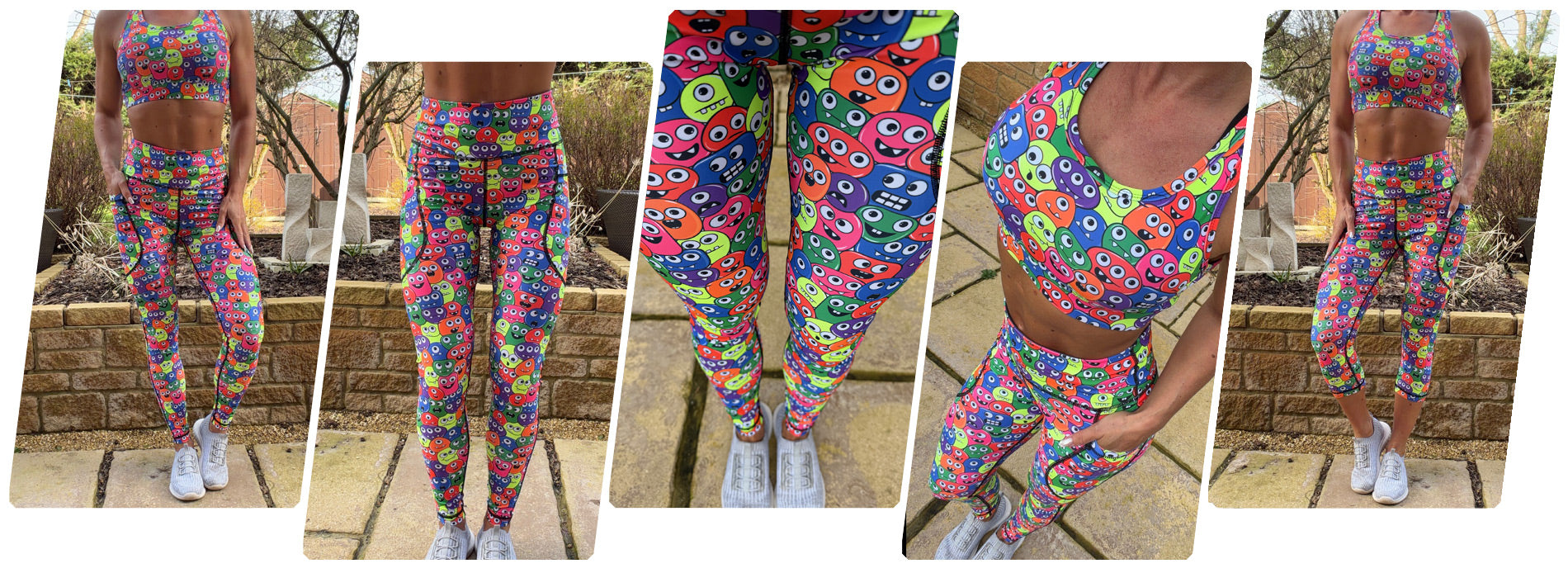 Model wearing Neon Nomsters squat proof high waisted leggings with bold character pattern and deep thigh pockets