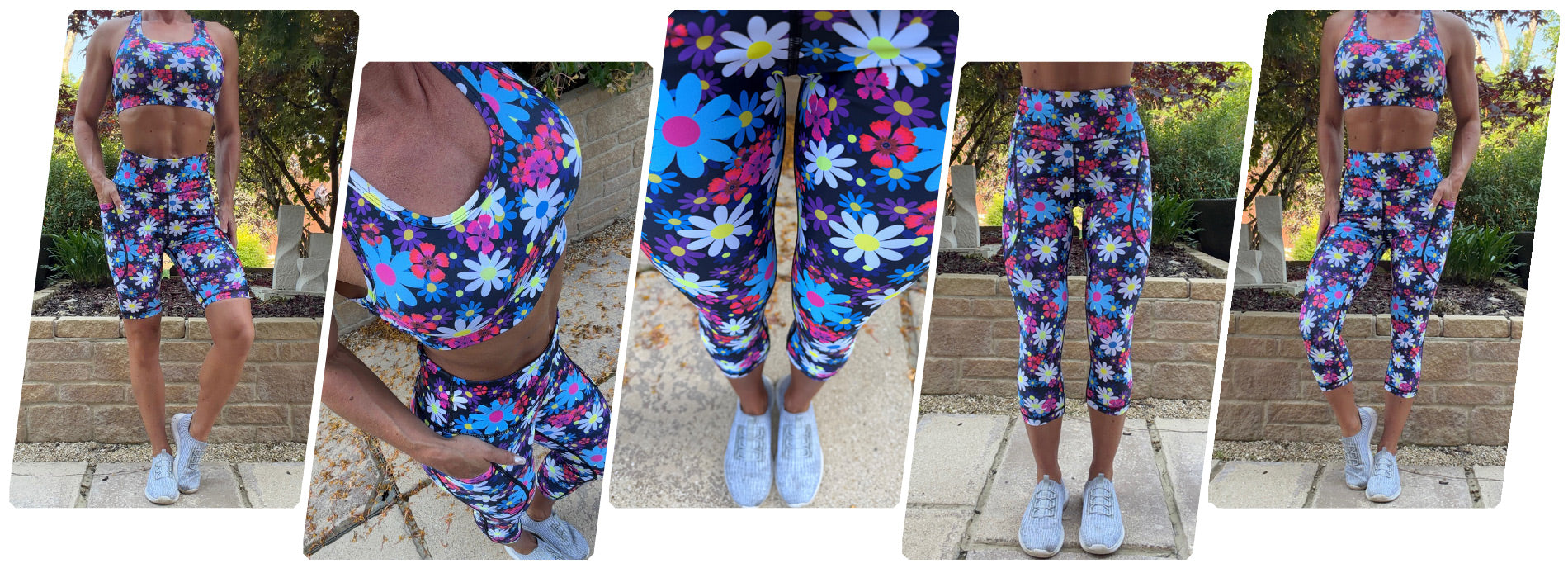 Model wearing Petalpop squat proof high waisted leggings with floral pattern and deep thigh pockets