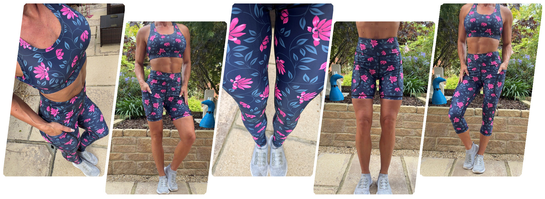 Model wearing Pink Twilight squat proof high waisted leggings with pink floral pattern and deep thigh pockets