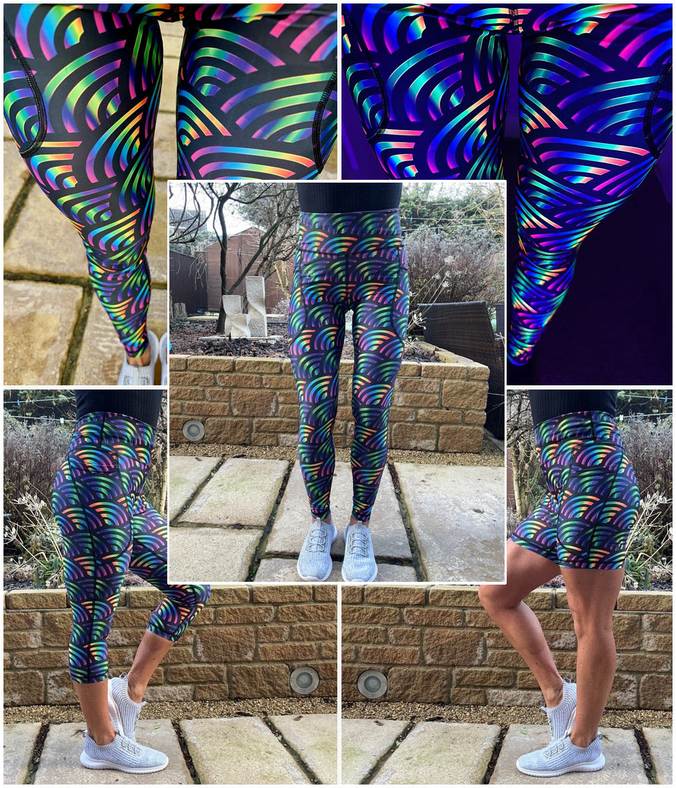 Model wearing Prismyx prism pattern leggings with bold geometric colours