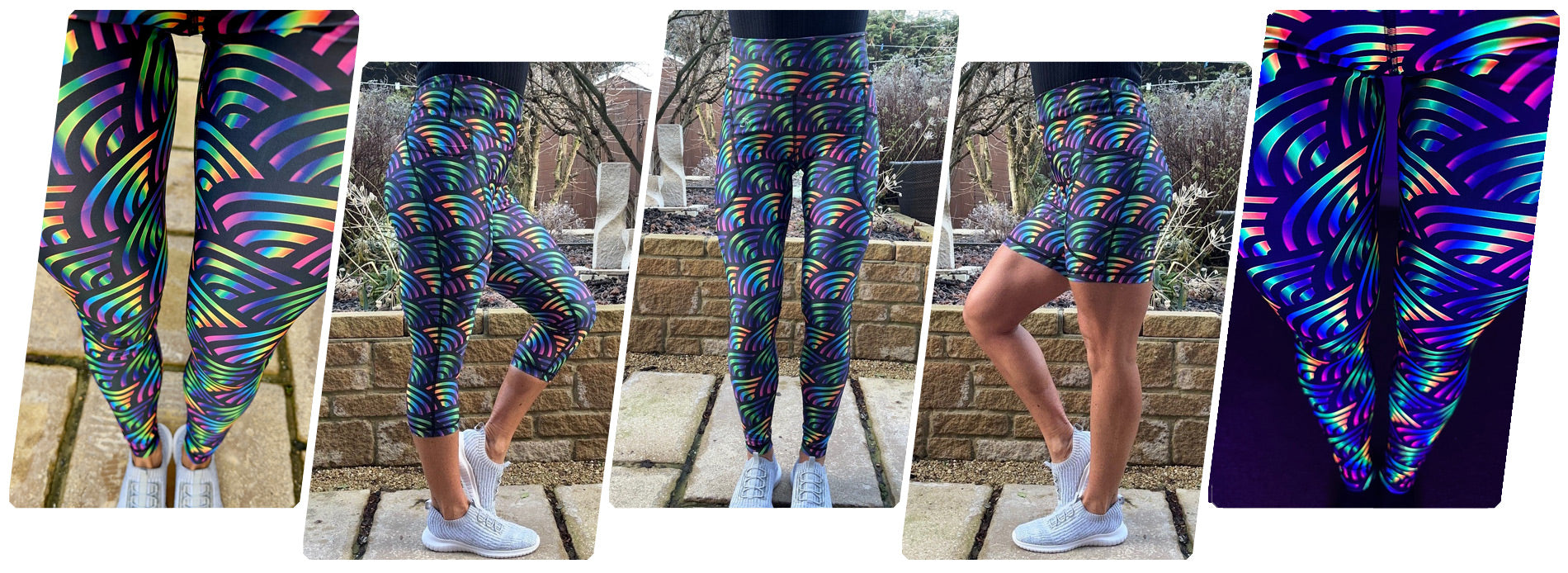 Model wearing Prismyx prism pattern leggings with bold geometric colours