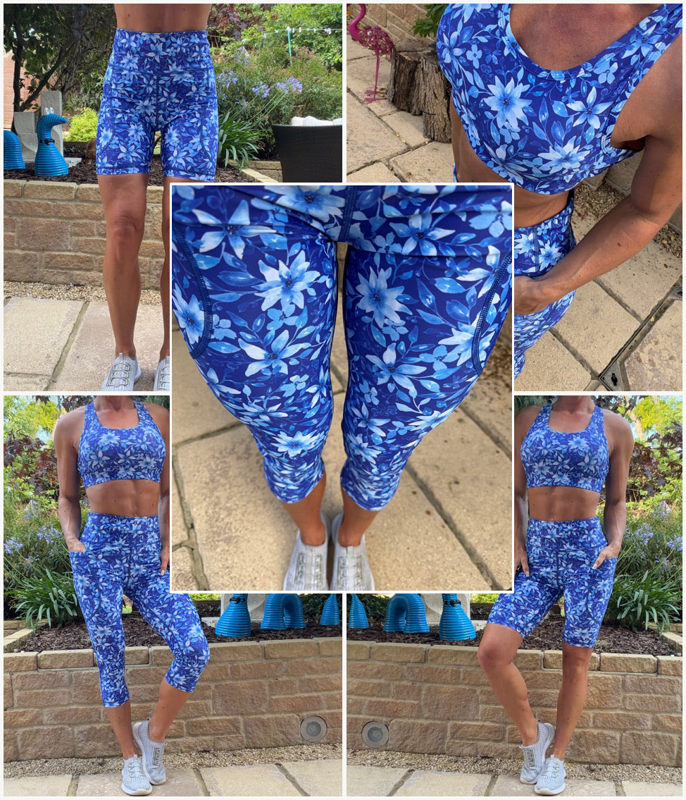 Sapphire Bloom high waisted squat proof leggings with blue floral pattern and thigh pockets