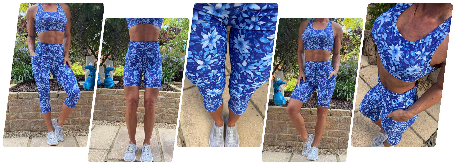 Model wearing Sapphire Bloom squat proof high waisted leggings with blue floral pattern and deep thigh pockets
