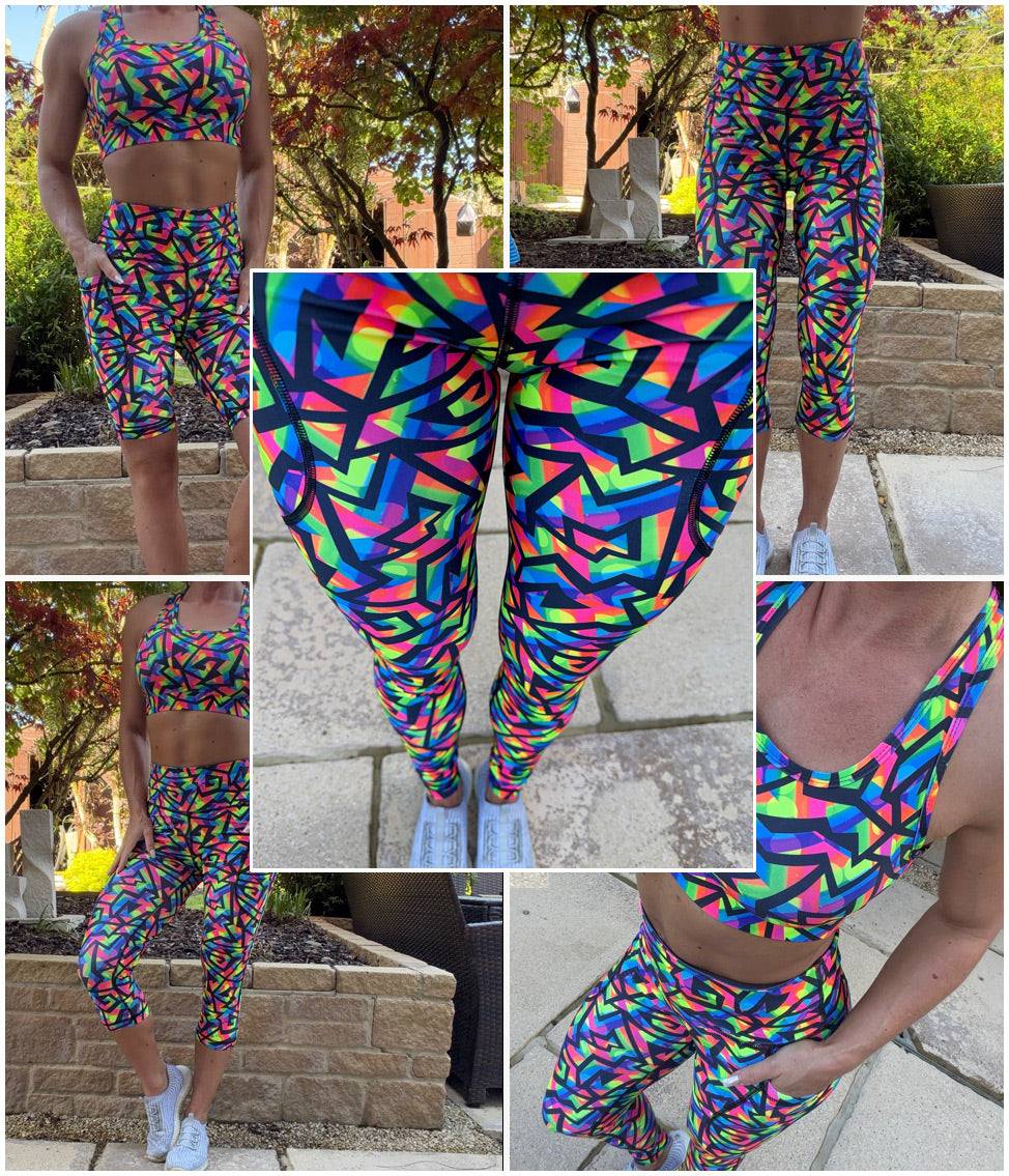 Shatterglow high waisted squat proof leggings with bold abstract pattern and thigh pockets