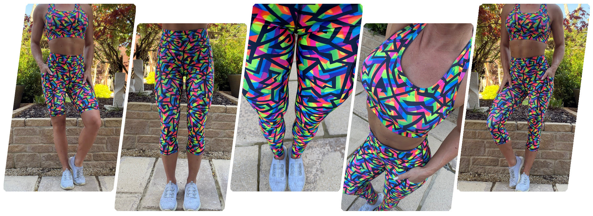 Model wearing Shatterglow squat proof high waisted leggings with bold abstract pattern and deep thigh pockets