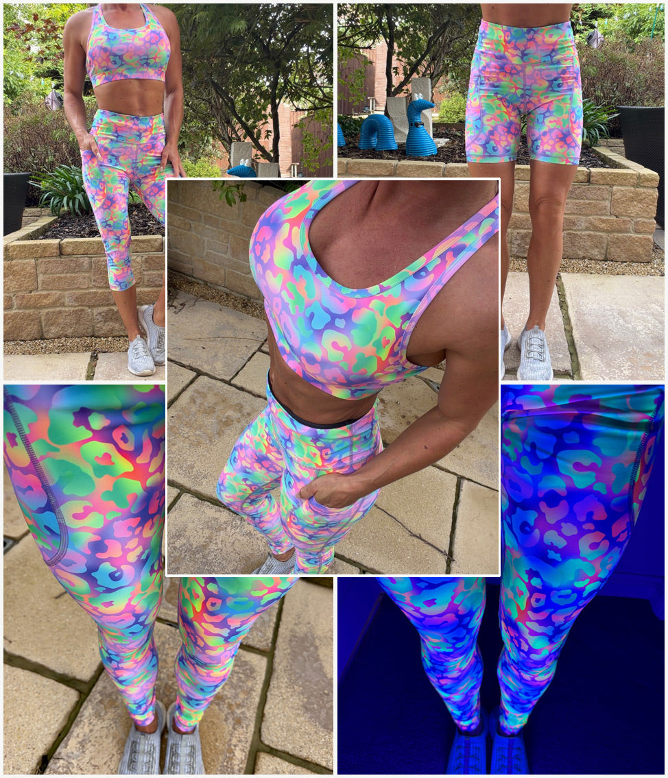 Model wearing Sorbet Safari squat proof high waisted leggings with deep thigh pockets