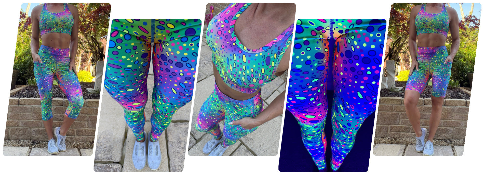 Model wearing Spotty Dotty squat proof high waisted leggings with polka dot pattern and deep thigh pockets