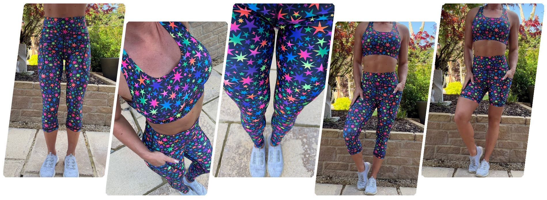 Model wearing Starpop squat proof high waisted leggings with star pattern and deep thigh pockets