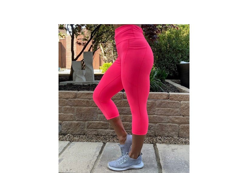 Capri Neon Pink Premium Running Sports Leggings with thigh pockets