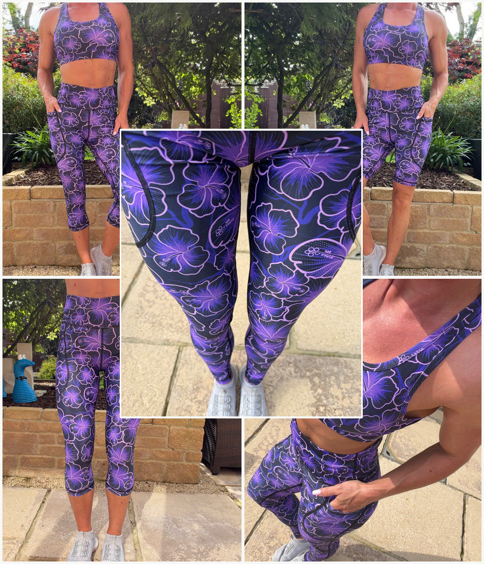 Violet Whispers high waisted squat proof leggings with purple floral pattern and thigh pockets