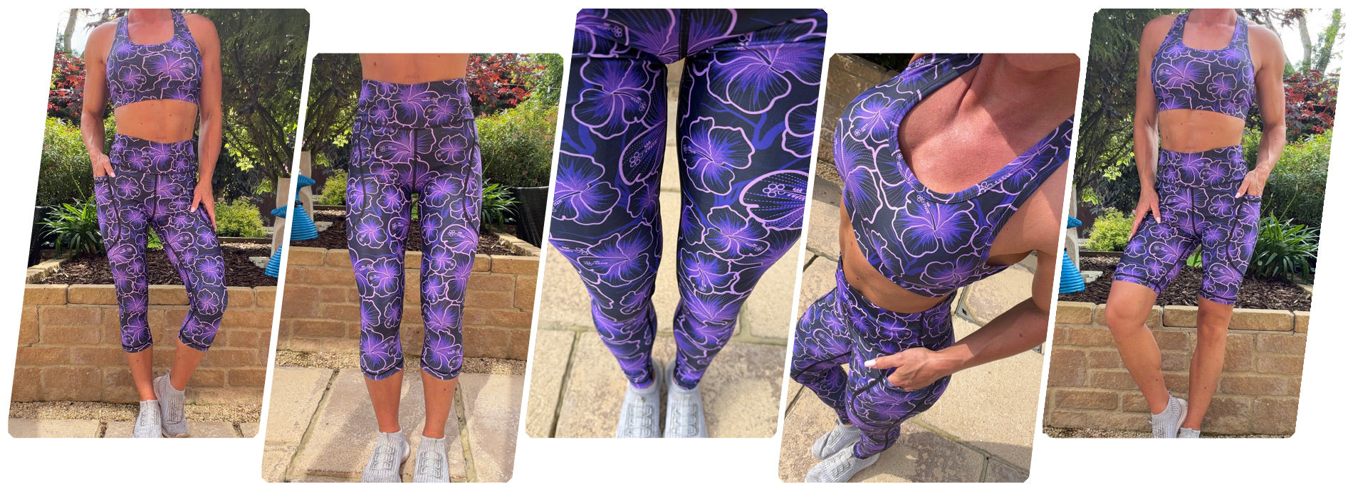 Model wearing Violet Whispers squat proof high waisted leggings with purple floral pattern and deep thigh pockets