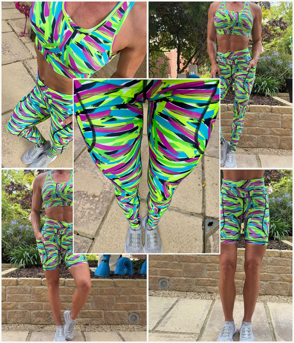 Voltage high waisted squat proof leggings with vibrant abstract pattern and thigh pockets