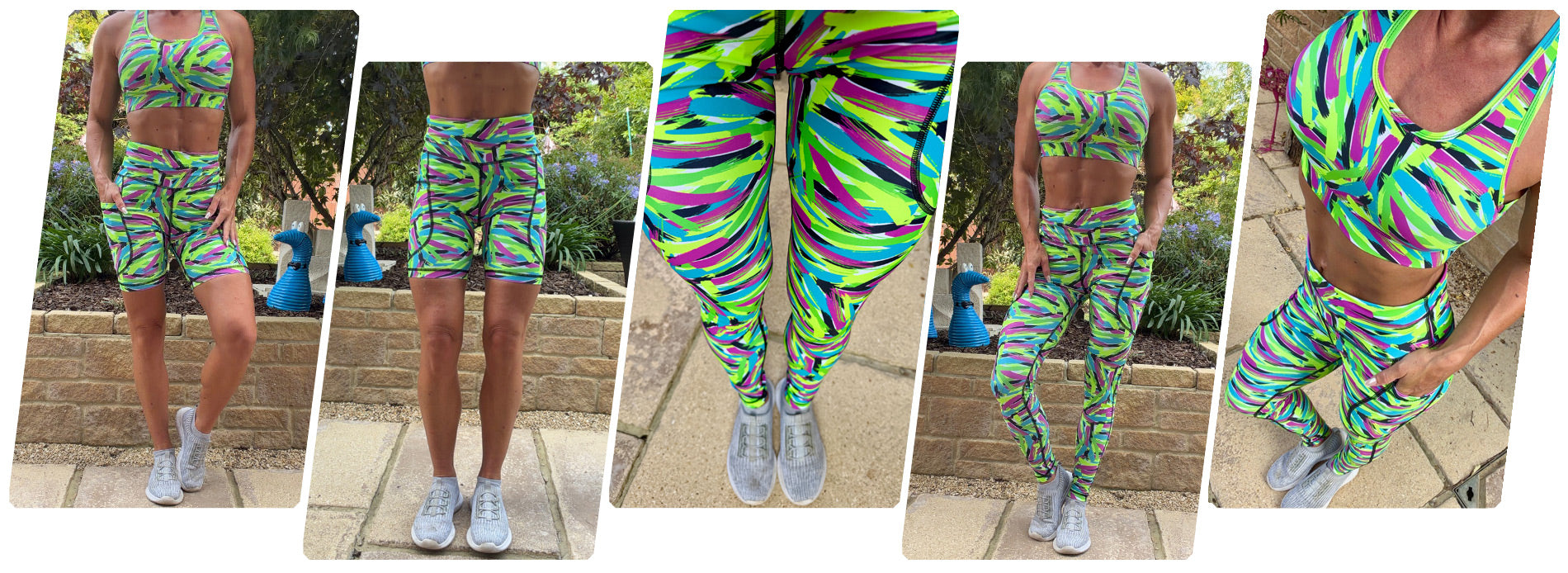 Model wearing Voltage squat proof high waisted leggings with vibrant abstract pattern and deep thigh pockets