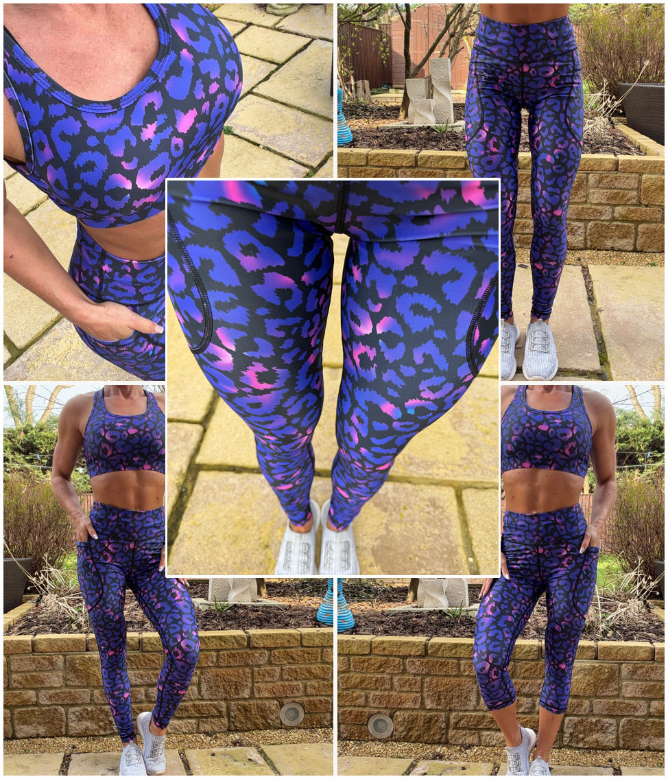Wild Amethyst high waisted squat proof leggings with purple patterned design and thigh pockets