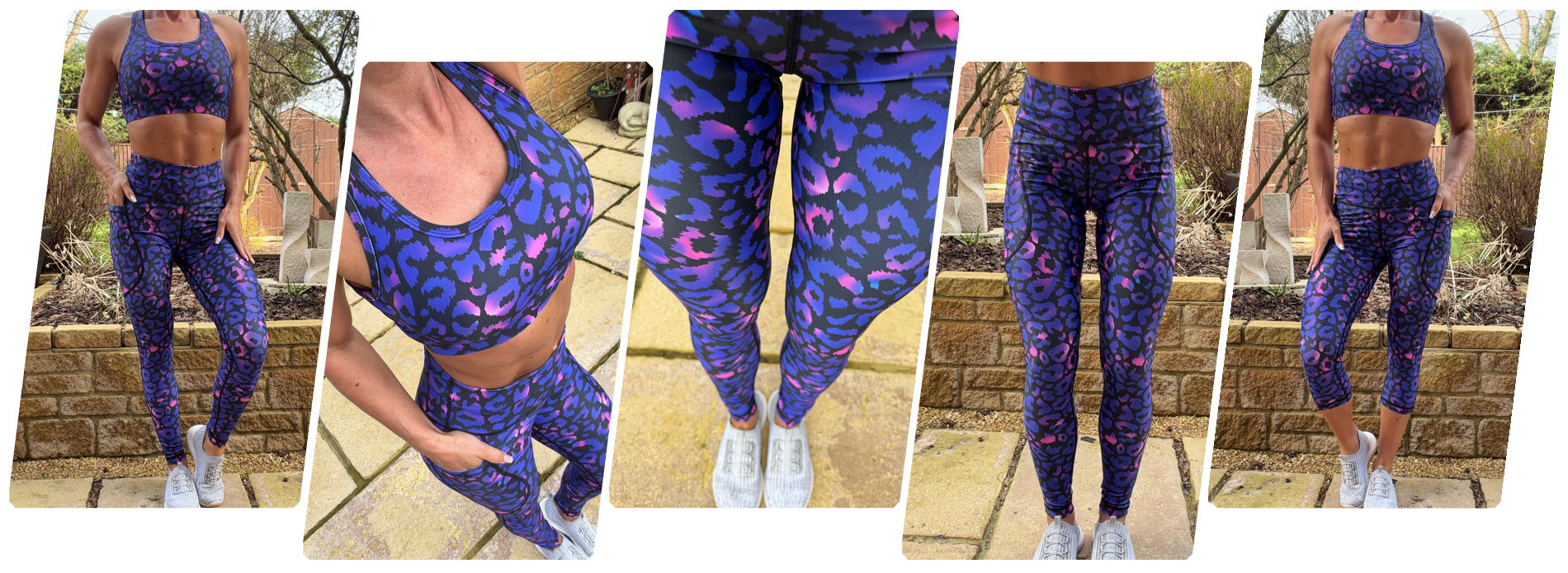 Model wearing Wild Amethyst squat proof high waisted leggings with purple patterned design and deep thigh pockets