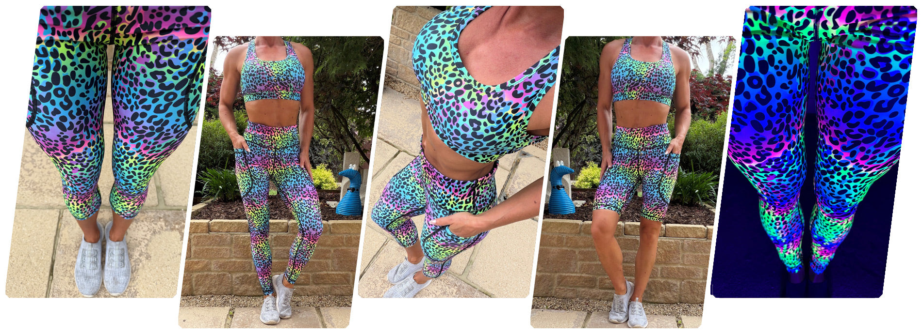 Model wearing Wild Sorbet squat proof high waisted leggings with colourful abstract pattern and deep thigh pockets