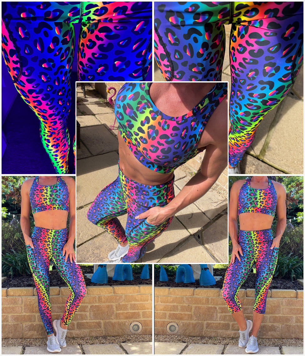 Model wearing Wildside squat proof high waisted leggings with vibrant rainbow leopard print and deep thigh pockets