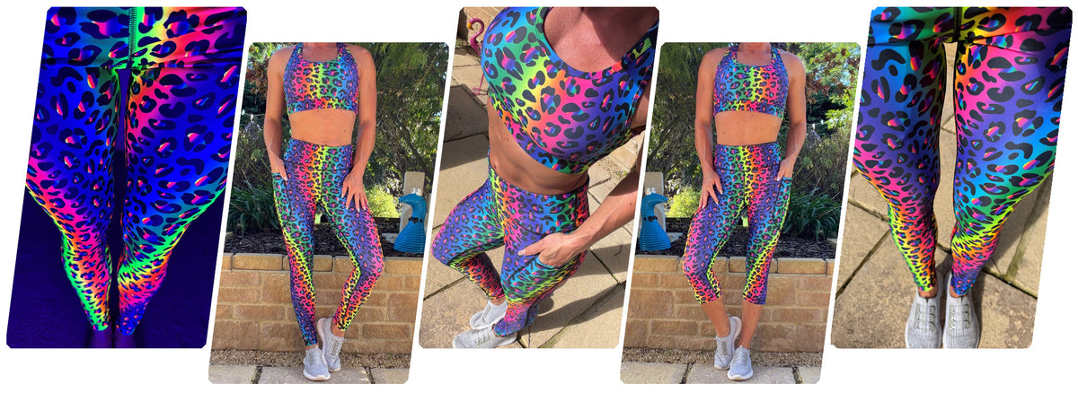 Model wearing Loopz squat proof high waisted leggings with neon pink and blue glowing circle pattern and deep thigh pockets