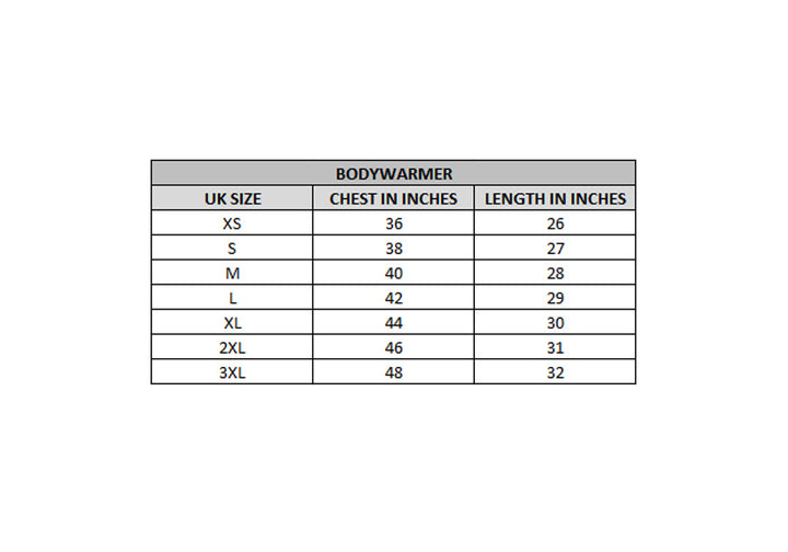 x kart size chart bodywarmer