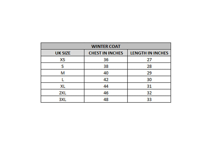 x kart size chart winter coat